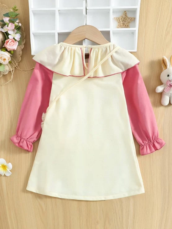 Toddler Girls Colorblock Flounce Sleeve Keyhole Back Dress With Bag - Image 3