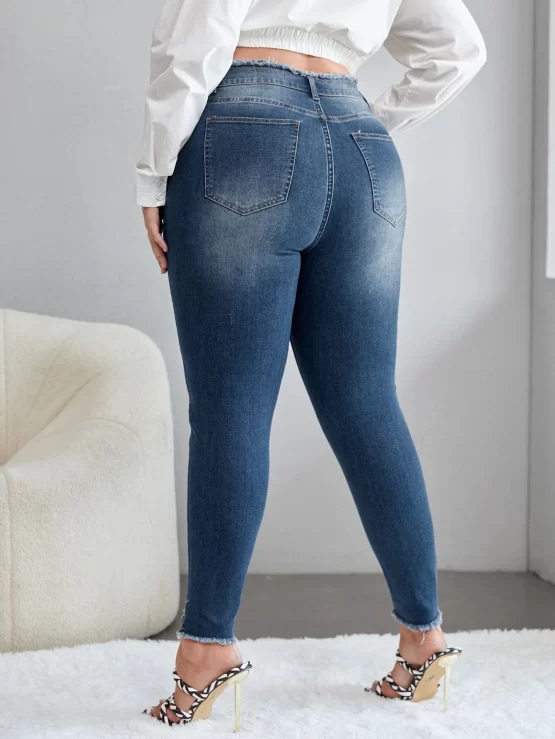 Plus Button Fly Ripped Raw Hem Skinny Jeans - Image 3