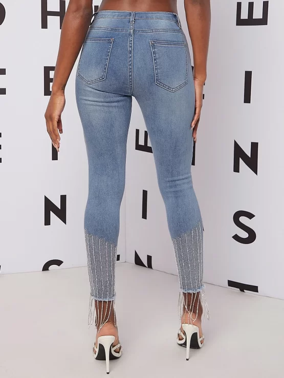 High Waisted Ripped Raw Hem Rhinestone Fringe Skinny Jeans - Image 2