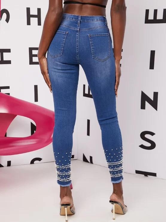 Raw Hem Pearl Beaded High waist Jeans - Image 2