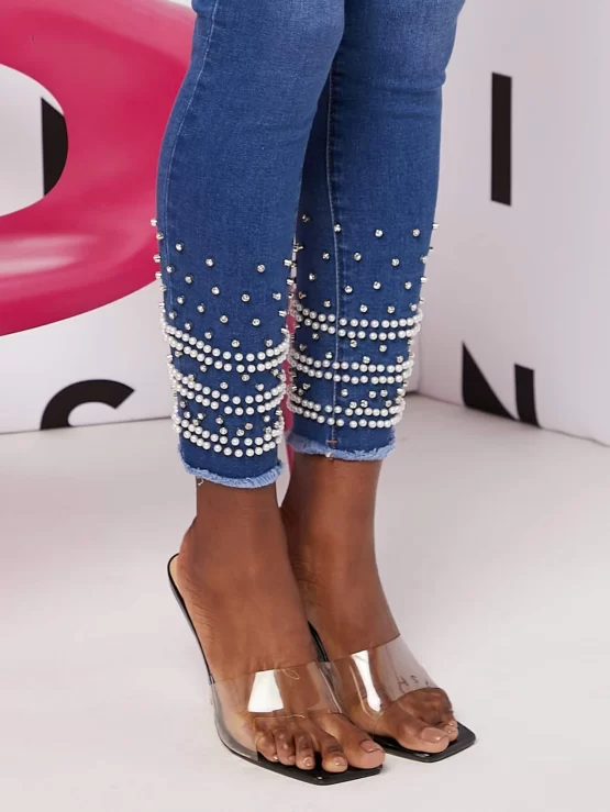 Raw Hem Pearl Beaded High waist Jeans - Image 3