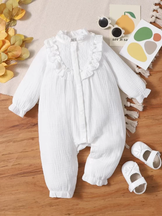 Baby Ruffle Trim Contrast Lace Flounce Sleeve Jumpsuit - Image 3