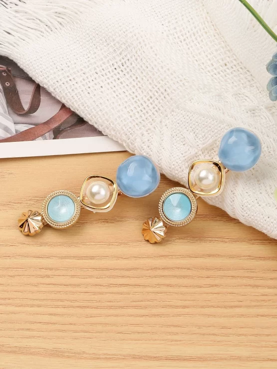 Two Pieces Color Block Faux Pearls Decor Hair Clip - Image 2