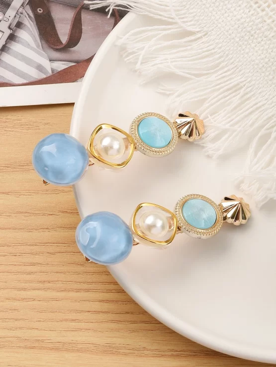 Two Pieces Color Block Faux Pearls Decor Hair Clip - Image 3