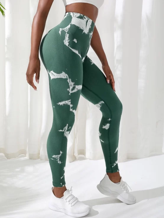 Tie Dye Wide Waistband Rib-knit Sports Leggings - Image 3