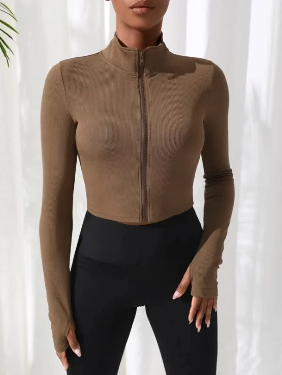 Breathable Zipper Front Marled Knit Sports Jacket - Image 4