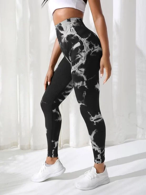 Tie Dye Wide Waistband Rib-knit Sports Leggings - Image 5