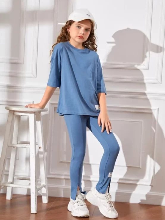 Girls Patched Detail Drop Shoulder Tee & Slit Hem Pants - Image 4