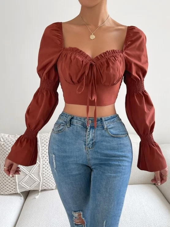 Gathered Sleeve Shirred Tie Front Crop Top - Image 2