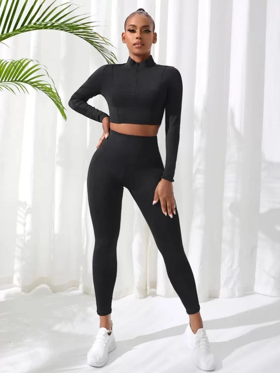 Half Zipper Plain Wide Waistband Sports Set - Image 2