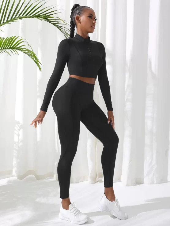 Half Zipper Plain Wide Waistband Sports Set - Image 3