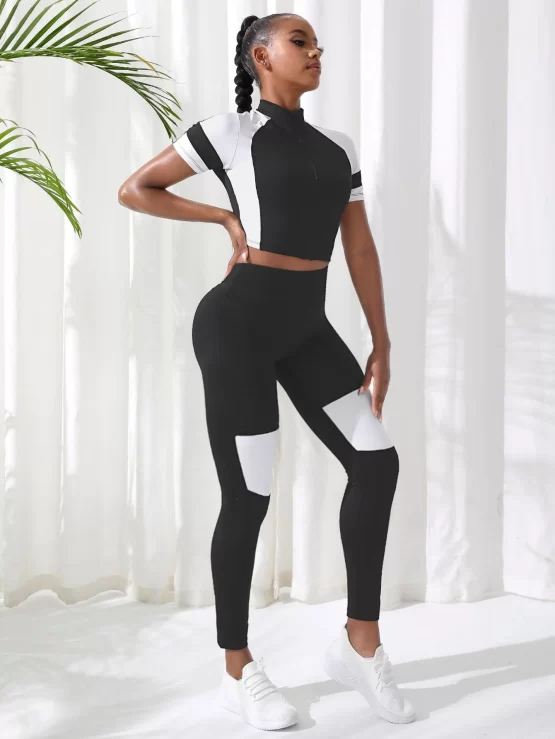 Two Tone Color Block Wide Waistband Sports Set - Image 2