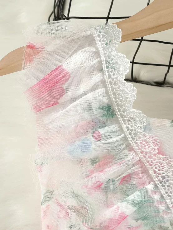 Toddler Girls Floral Ruffle Trim Flare Mesh Dress - Image 2