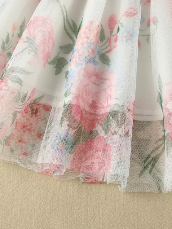 Toddler Girls Floral Ruffle Trim Flare Mesh Dress - Image 3