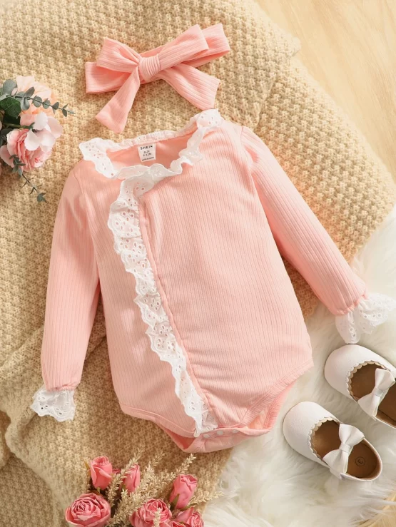 Baby Eyelet Embroidery Flounce Sleeve Ruffle Trim Bodysuit & Headband - Image 3
