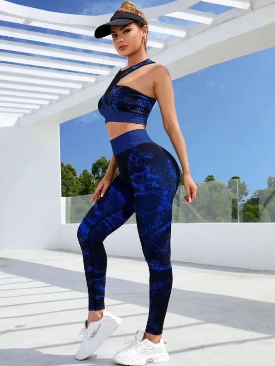 Graphic Print Cut Out Back Asymmetrical Neck Sports Set - Image 2