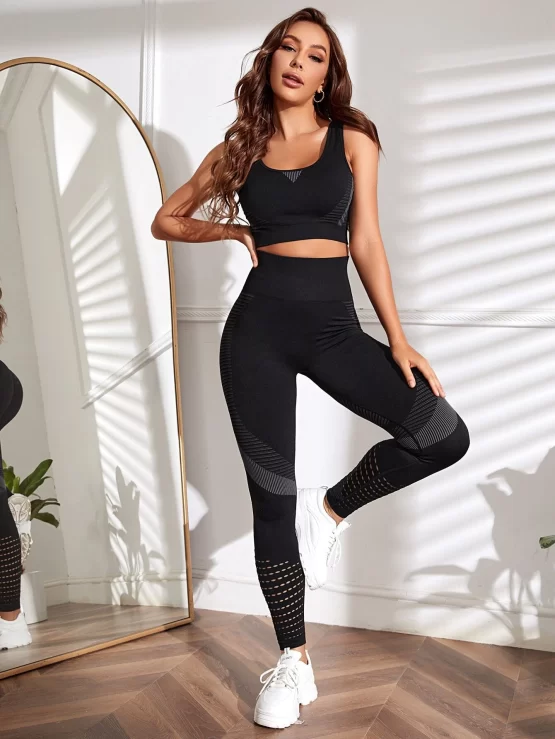 Striped Plain Print Hollow Cut Out Sports Set - Image 2
