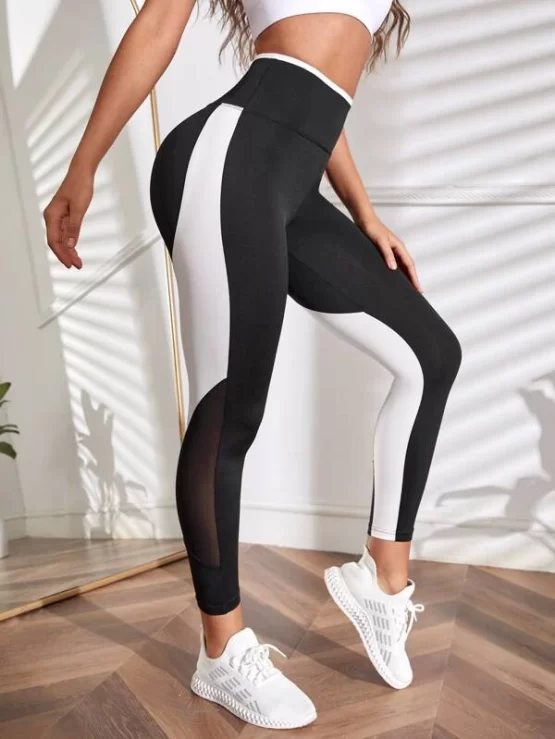 Two Tone Contrast Mesh Sports Leggings - Image 3
