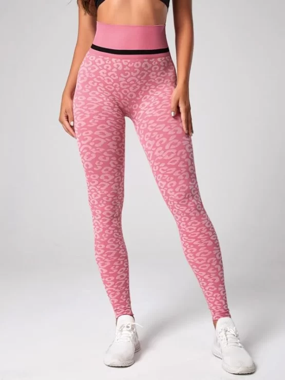Leopard Print Wide Waistband Sports Leggings - Image 3
