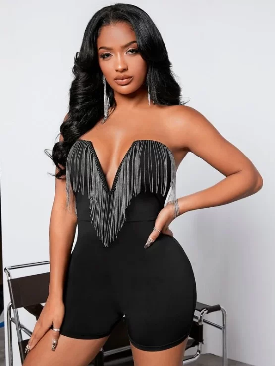 Fringe Trim V Wired Unitard Tube Romper - Image 3
