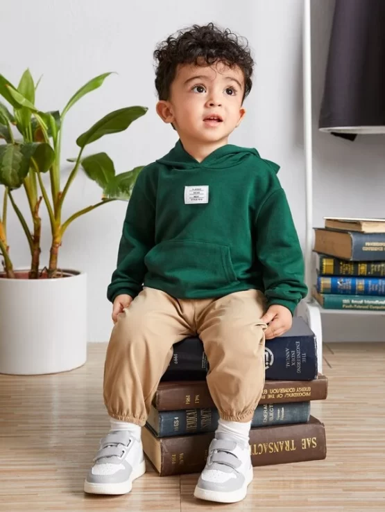 Baby Plain Casual Pocket Patched Detail Hoodie - Image 2