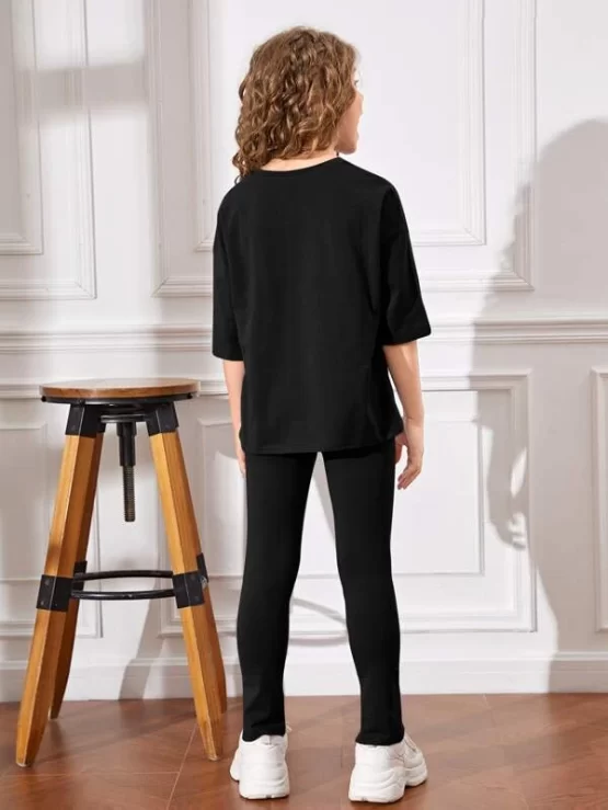 Girls Patched Detail Drop Shoulder Tee & Slit Hem Pants - Image 6