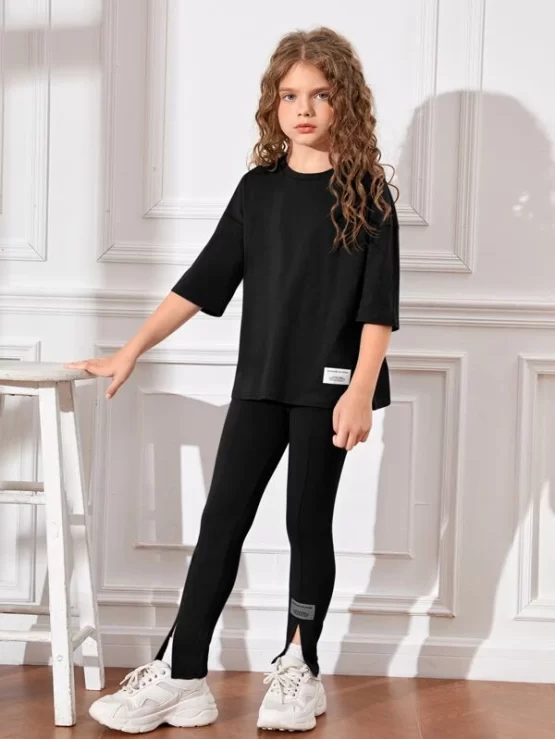 Girls Patched Detail Drop Shoulder Tee & Slit Hem Pants - Image 7