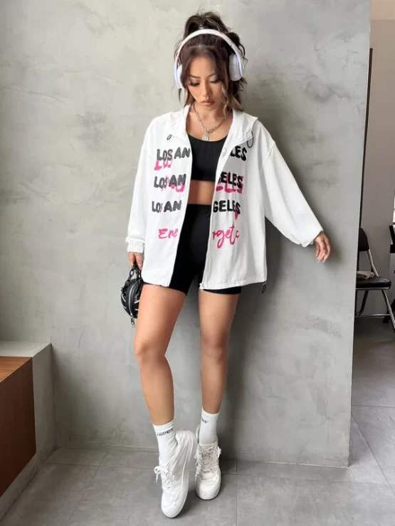 Letter Graphic Drop Shoulder Drawstring Hooded Jacket - Image 3