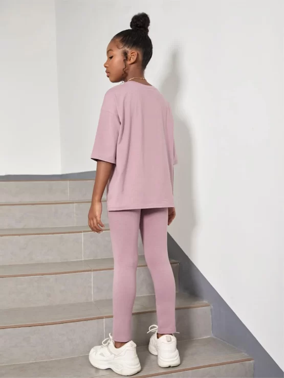 Girls Patched Detail Drop Shoulder Tee & Slit Hem Pants - Image 2