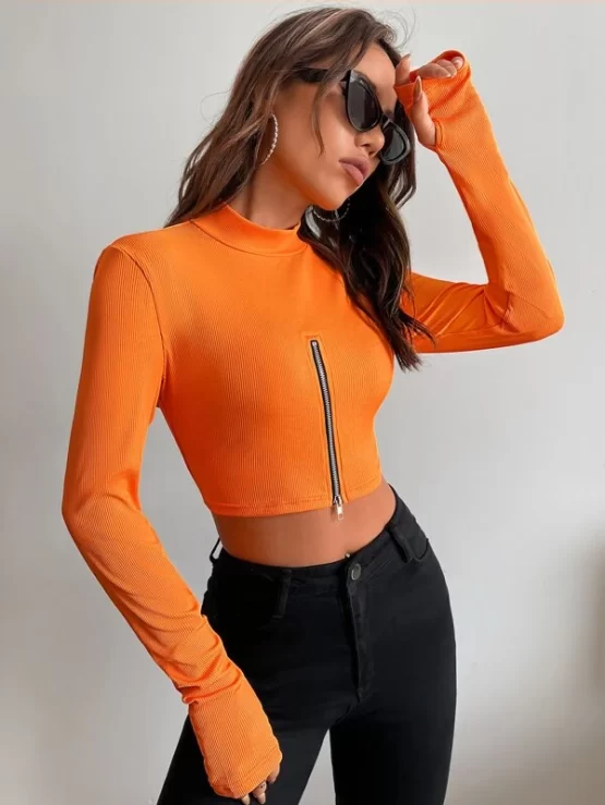 Rib-knit Zipper Front Thumb Holes Crop Tee - Image 3