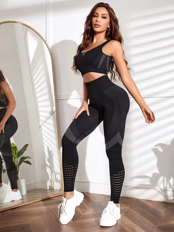 Striped Plain Print Hollow Cut Out Sports Set - Image 3