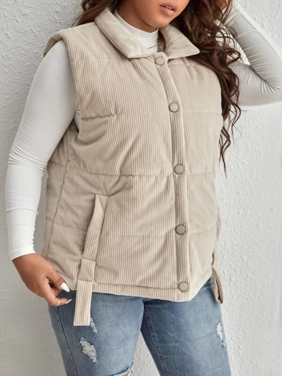 Snap Button Up Corduroy Puffer Vest Coat - Image 3