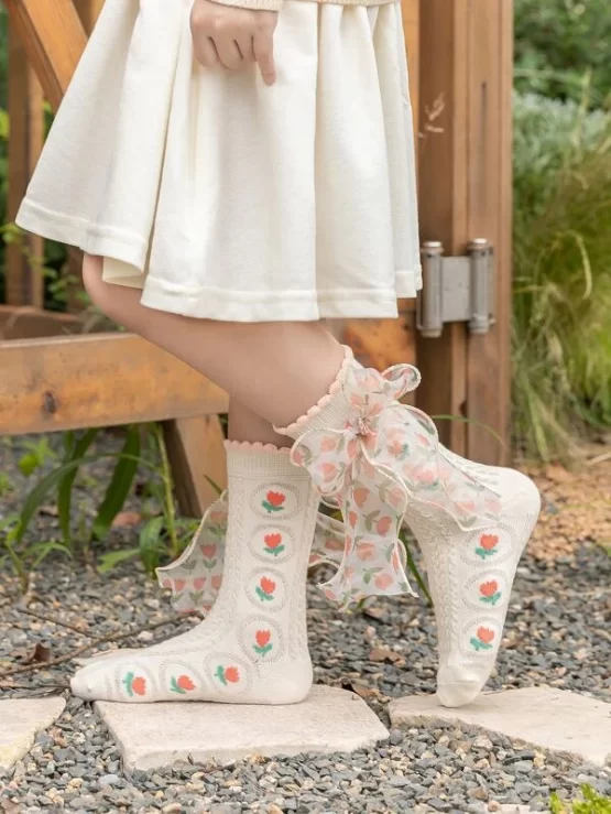 Toddler Girls Floral Pattern Bow Crew Decor Socks - Image 3