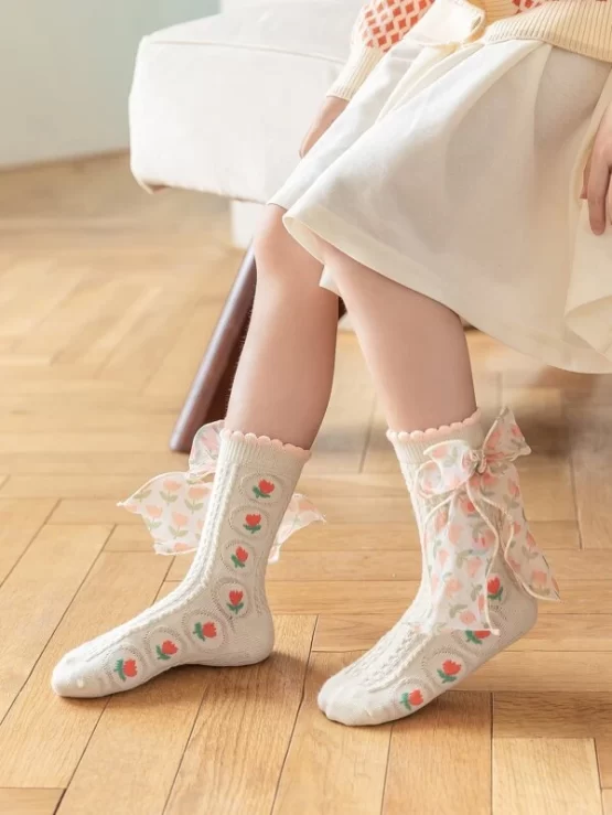 Toddler Girls Floral Pattern Bow Crew Decor Socks - Image 2