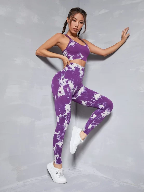 Tie Dye Criss Cross Strappy Back Sports Set - Image 2