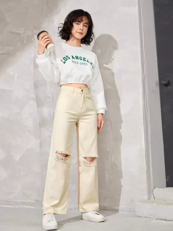 Teen Girls Wide Leg Washed Ripped Jeans - Image 2