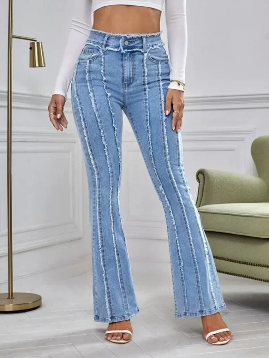 High Waist Raw Cut Zipper Fly Bootcut Leg Jeans - Image 2