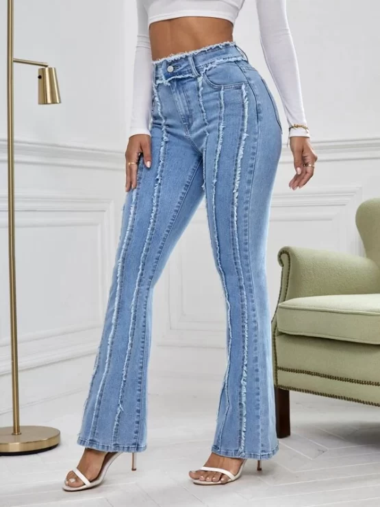 High Waist Raw Cut Zipper Fly Bootcut Leg Jeans - Image 3