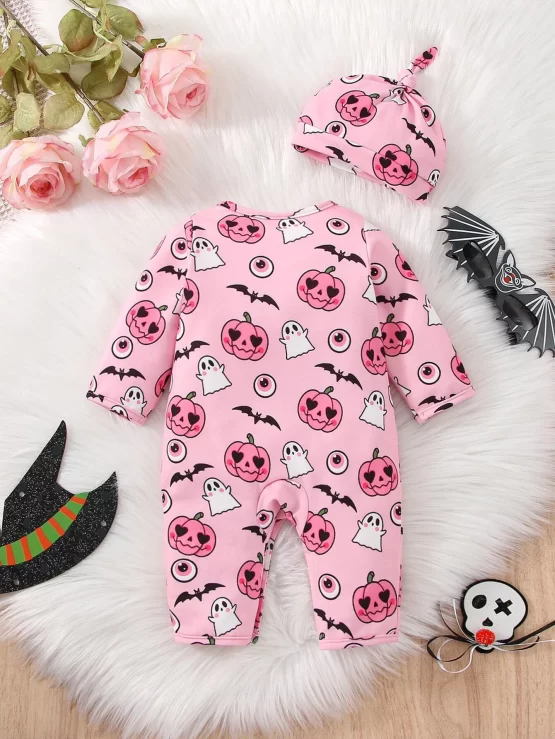 Baby Halloween Bat & Pumpkin Print Jumpsuit & Hat - Image 2