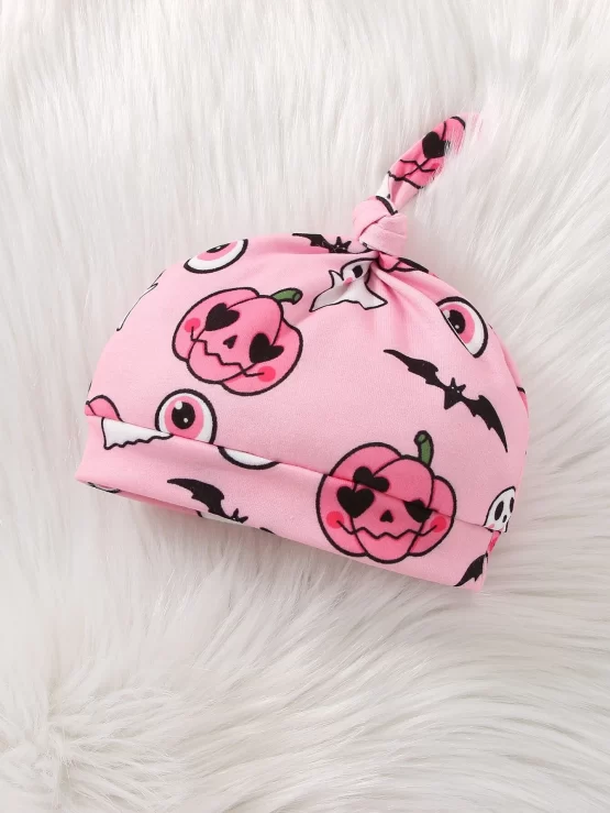 Baby Halloween Bat & Pumpkin Print Jumpsuit & Hat - Image 3