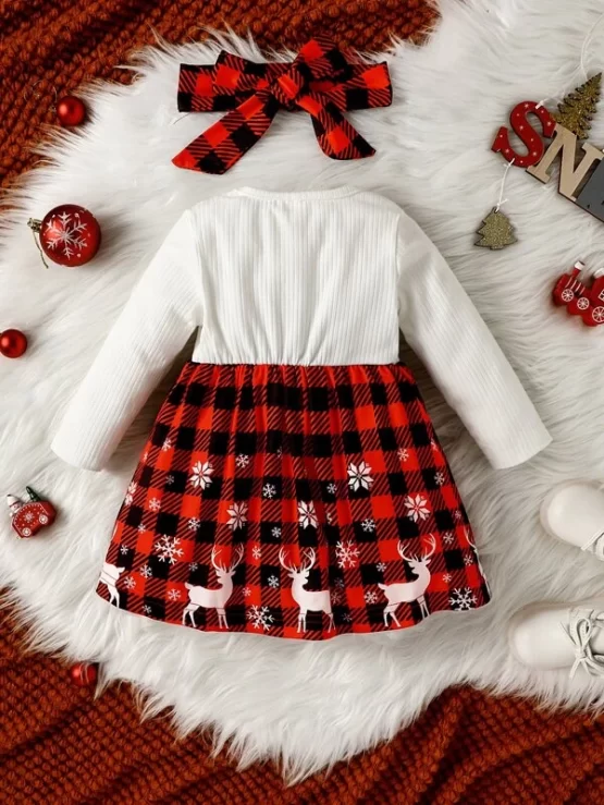 Baby 2 In 1 Gingham & Christmas Print Bow Front Trim Dress With Headband - Image 2
