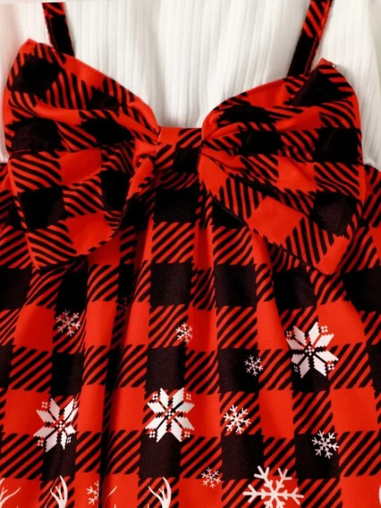 Baby 2 In 1 Gingham & Christmas Print Bow Front Trim Dress With Headband - Image 3