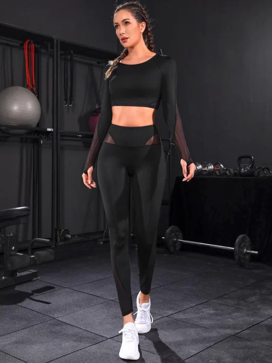 Contrast Mesh Raglan Sleeve Thumbholes Sports Set - Image 3
