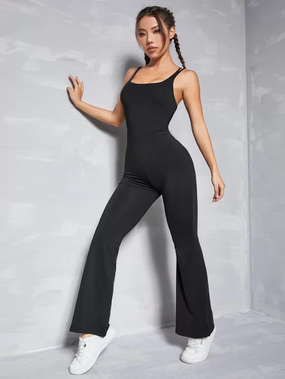 Criss Cross Back Flare Leg Sports Jumpsuit - Image 3