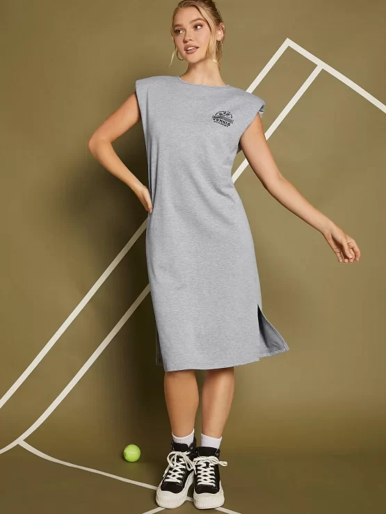 Slogan Casual Graphic Split Tennis Hem Dress - Image 2