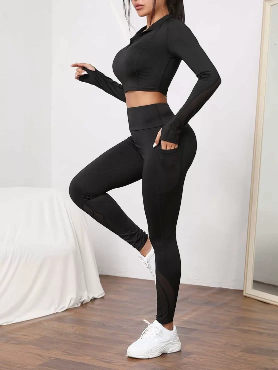 Contrast Mesh Zipper Thumb Holes Sports Set - Image 3