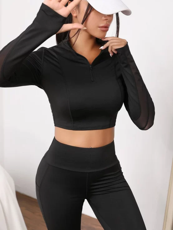 Contrast Mesh Zipper Thumb Holes Sports Set - Image 2