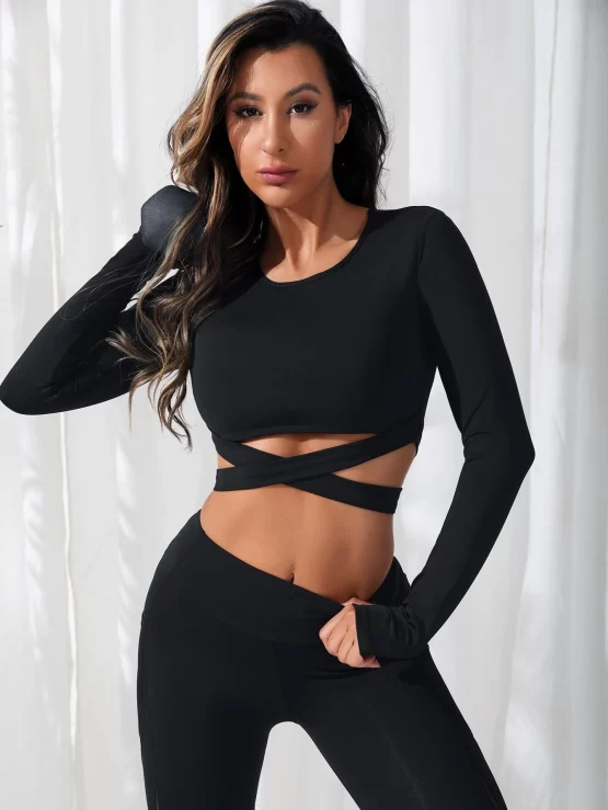 Solid Criss Cross Tee & Mesh Insert Leggings Sports Set - Image 3