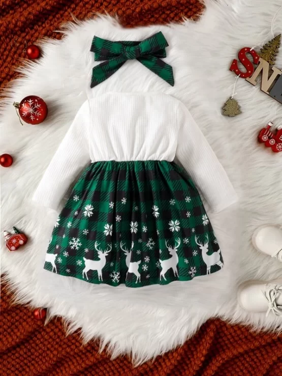 Baby 2 In 1 Gingham & Christmas Print Bow Front Trim Dress With Headband - Image 4