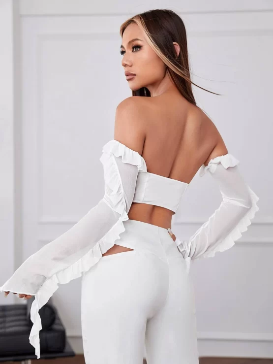 Off Shoulder Ruffle Trim Asymmetrical Hem Crop Top - Image 3